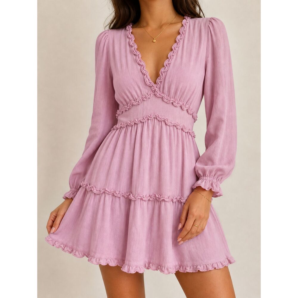 Mi Ami Pink Ruffle Babydoll Mini Dress Long Sleeve V Neck Boho Cottagecore S